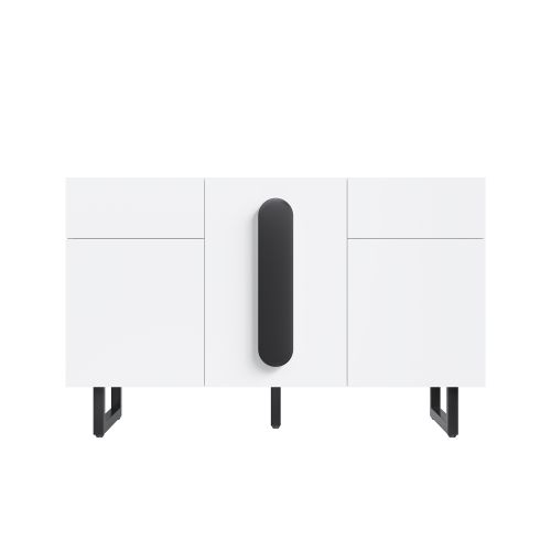 Buffet Blanc 120x60x40.5 Cm, 3 Portes, 2 Tiroirs, Poignées Noires Et Pieds Métal