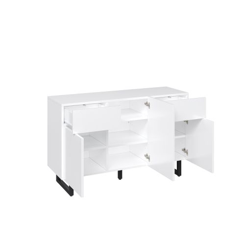 Buffet Blanc 120x60x40.5 Cm, 3 Portes, 2 Tiroirs, Poignées Noires Et Pieds Métal