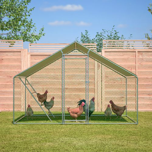 Enclos Poulailler 3x2x2 M Avec Échelle, Serrure, Bâche Pe Anti-uv, Acier Galvanisé Gris