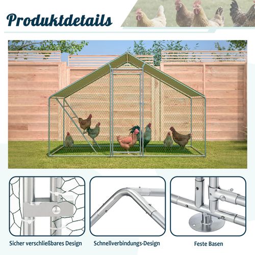 Enclos Poulailler 3x2x2 M Avec Échelle, Serrure, Bâche Pe Anti-uv, Acier Galvanisé Gris