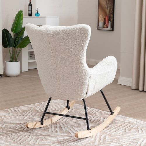Rocking Chair Fauteuil à Bascule Avec Dossier Haut, Appui-tête Et Coussin Tissu Teddy, Blanc