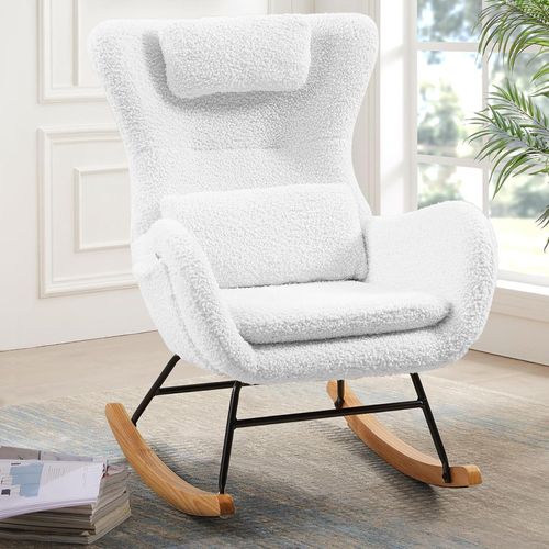 Rocking Chair Fauteuil à Bascule Avec Dossier Haut, Appui-tête Et Coussin Tissu Teddy, Blanc