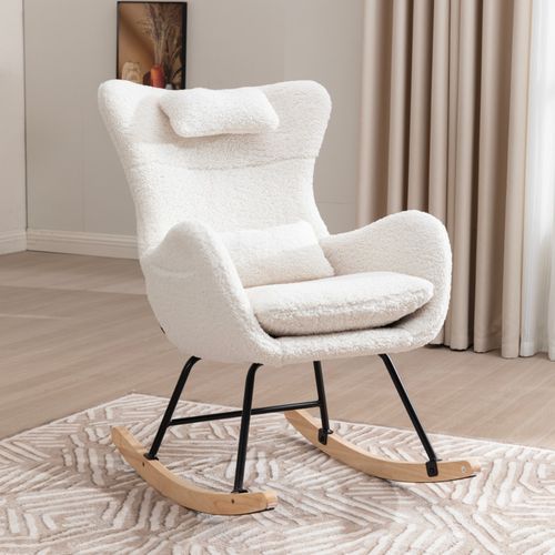 Rocking Chair Fauteuil à Bascule Avec Dossier Haut, Appui-tête Et Coussin Tissu Teddy, Blanc