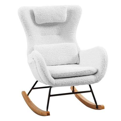 Rocking Chair Fauteuil à Bascule Avec Dossier Haut, Appui-tête Et Coussin Tissu Teddy, Blanc