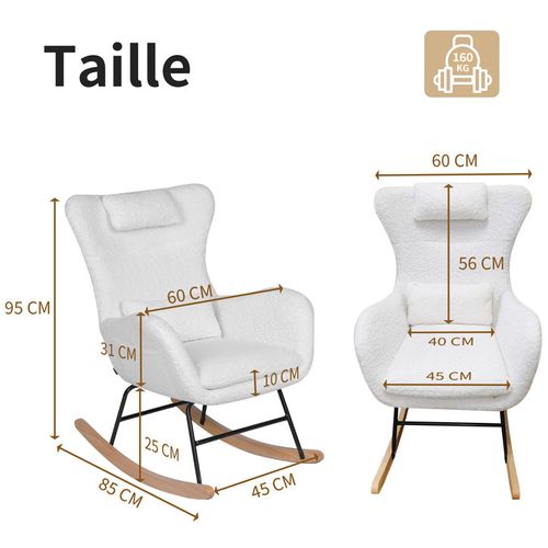 Rocking Chair Fauteuil à Bascule Avec Dossier Haut, Appui-tête Et Coussin Tissu Teddy, Blanc