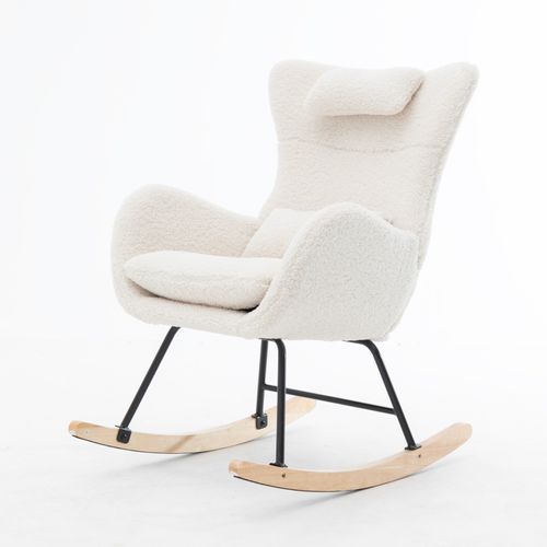 Rocking Chair Fauteuil à Bascule Avec Dossier Haut, Appui-tête Et Coussin Tissu Teddy, Blanc
