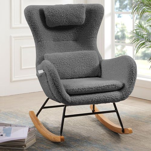 Rocking Chair Fauteuil à Bascule Avec Dossier Haut, Appui-tête Et Coussin Tissu Teddy, Gris