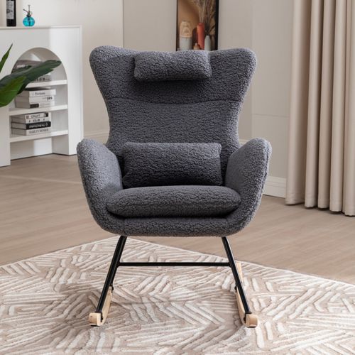 Rocking Chair Fauteuil à Bascule Avec Dossier Haut, Appui-tête Et Coussin Tissu Teddy, Gris
