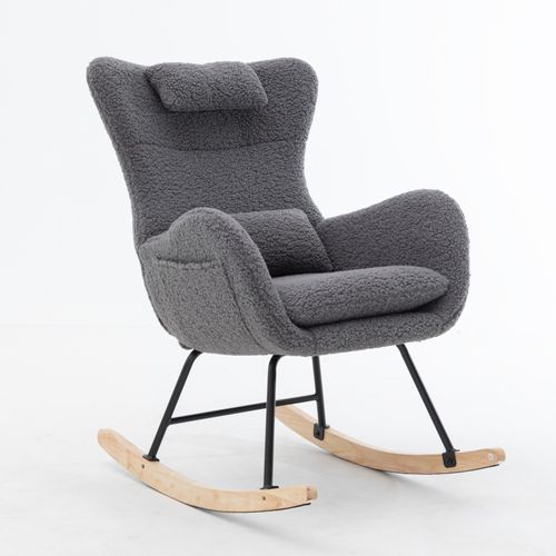 Rocking Chair Fauteuil à Bascule Avec Dossier Haut, Appui-tête Et Coussin Tissu Teddy, Gris