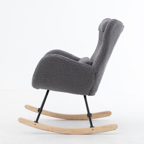 Rocking Chair Fauteuil à Bascule Avec Dossier Haut, Appui-tête Et Coussin Tissu Teddy, Gris
