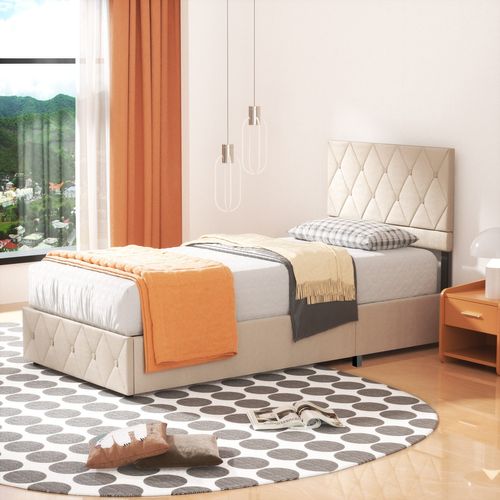 Lit Coffre Enfant 90x200 Cm Avec Tête De Lit De Décoration Couture Bouton Et Sommier à Lattes, Beige