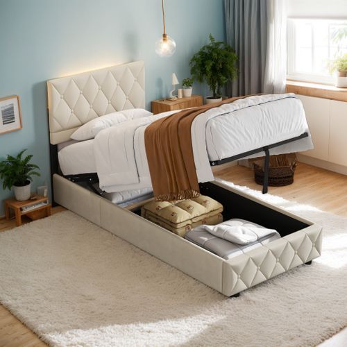 Lit Coffre Enfant 90x200 Cm Avec Tête De Lit De Décoration Couture Bouton Et Sommier à Lattes, Beige