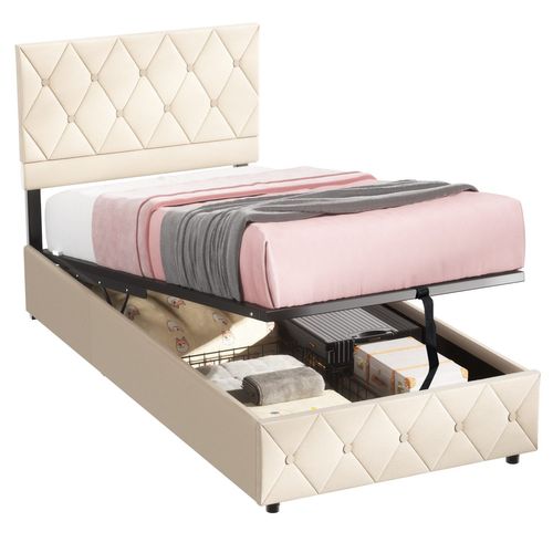 Lit Coffre Enfant 90x200 Cm Avec Tête De Lit De Décoration Couture Bouton Et Sommier à Lattes, Beige