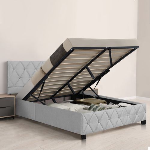 Lit Coffre Enfant 90x190 Cm Avec Tête De Lit De Décoration Couture Bouton Et Sommier à Lattes, Gris