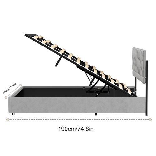 Lit Coffre Enfant 90x190 Cm Avec Tête De Lit De Décoration Couture Bouton Et Sommier à Lattes, Gris