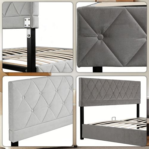 Lit Coffre Enfant 90x190 Cm Avec Tête De Lit De Décoration Couture Bouton Et Sommier à Lattes, Gris