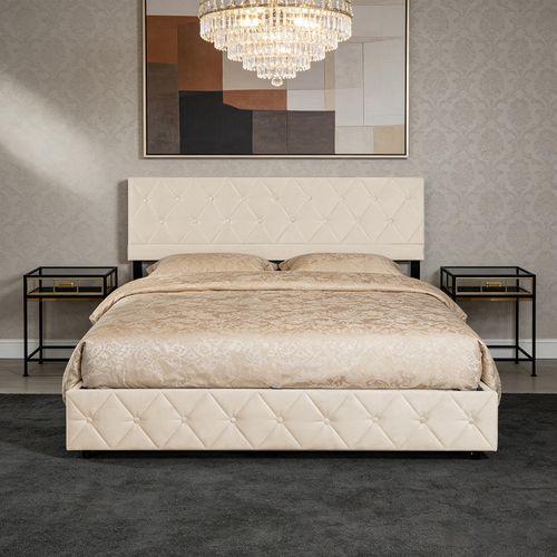 Lit Coffre Enfant 90x190 Cm Avec Tête De Lit De Décoration Couture Bouton Et Sommier à Lattes, Beige
