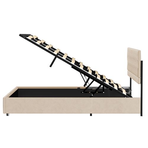 Lit Coffre Enfant 90x190 Cm Avec Tête De Lit De Décoration Couture Bouton Et Sommier à Lattes, Beige