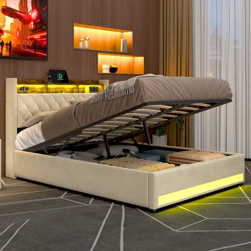 Lit Coffre 160x200 Cm Tête De Lit Avec 2 Prises Électriques Et USB, LED, En Velours Beige