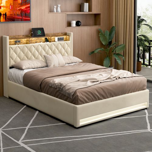 Lit Coffre 160x200 Cm Tête De Lit Avec 2 Prises Électriques Et USB, LED, En Velours Beige