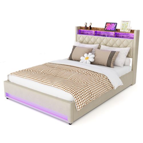 Lit Coffre 160x200 Cm Tête De Lit Avec 2 Prises Électriques Et USB, LED, En Velours Beige