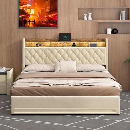 Lit Coffre 180x200 Cm Tête De Lit Avec 2 Prises Électriques Et USB, LED, En Velours Beige
