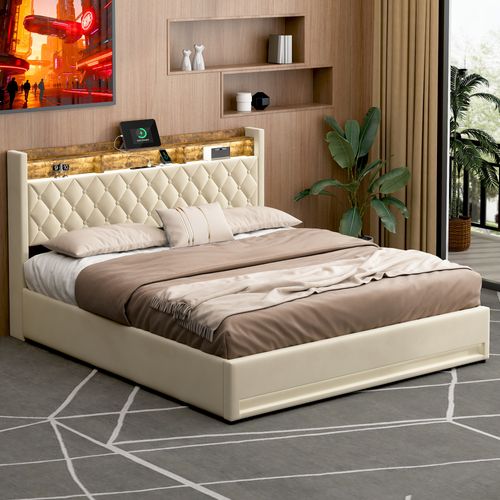 Lit Coffre 180x200 Cm Tête De Lit Avec 2 Prises Électriques Et USB, LED, En Velours Beige