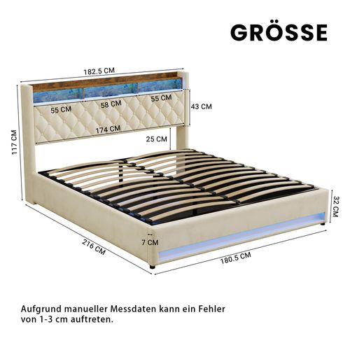 Lit Coffre 180x200 Cm Tête De Lit Avec 2 Prises Électriques Et USB, LED, En Velours Beige