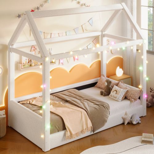 Lit Cabane Enfant 90x200 Cm, Avec LED Et Lattes, Beige