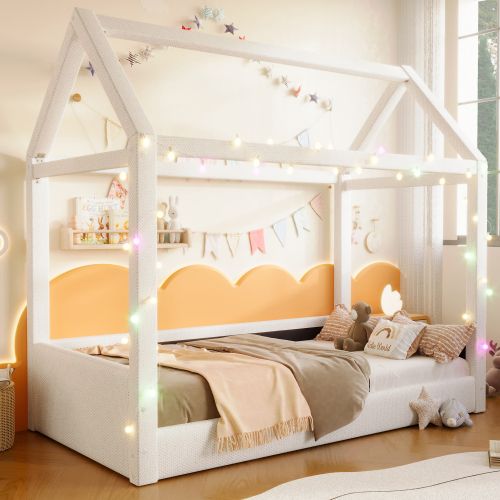 Lit Cabane Enfant 90x200 Cm, Avec LED Et Lattes, Beige