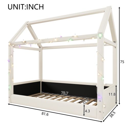 Lit Cabane Enfant 90x200 Cm, Avec LED Et Lattes, Beige