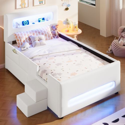 Lit Simple Lit Enfant 90x200 Cm Avec 2 Tiroir Et LED, Tête De Lit Et Lattes, En Pu, Blanc