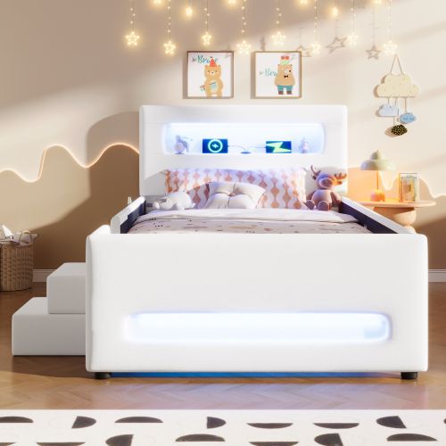 Lit Simple Lit Enfant 90x200 Cm Avec 2 Tiroir Et LED, Tête De Lit Et Lattes, En Pu, Blanc