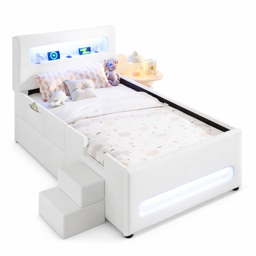 Lit Simple Lit Enfant 90x200 Cm Avec 2 Tiroir Et LED, Tête De Lit Et Lattes, En Pu, Blanc