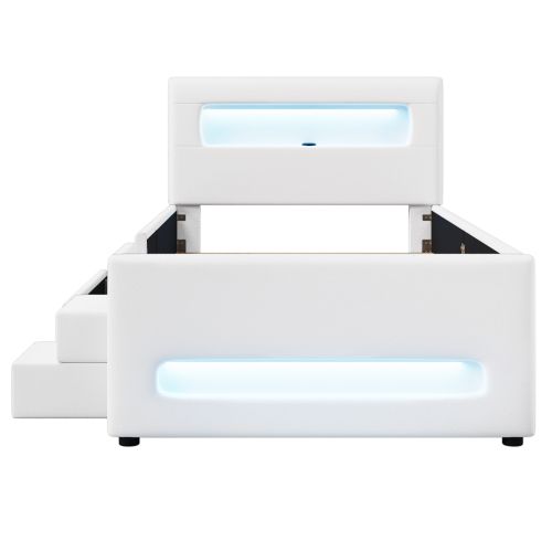 Lit Simple Lit Enfant 90x200 Cm Avec 2 Tiroir Et LED, Tête De Lit Et Lattes, En Pu, Blanc