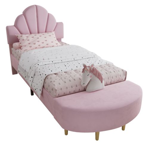 Lit Enfant 90x200 Cm Avec Banquette Et Tête De Lit, Sommier à Lattes, En Velours, Rose