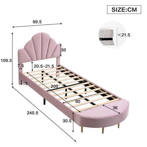 Lit Enfant 90x200 Cm Avec Banquette Et Tête De Lit, Sommier à Lattes, En Velours, Rose