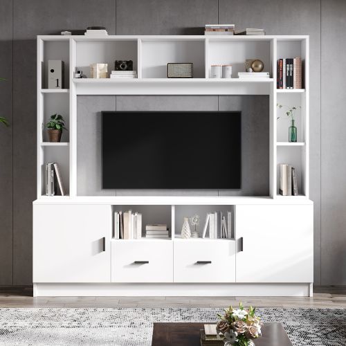 Meuble TV Blanc De 180 Cm Avec 2 Portes, 2 Tiroirs, 11 Étagères