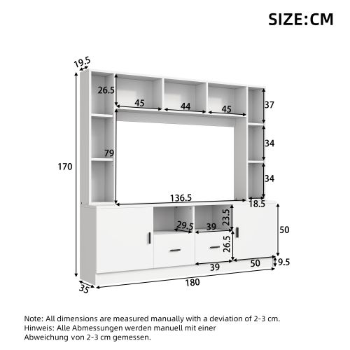 Meuble TV Blanc De 180 Cm Avec 2 Portes, 2 Tiroirs, 11 Étagères