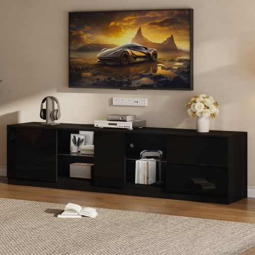 Meuble TV 160 Cm, Brillante, Avec 1 Porte En Verre, 2 Tiroirs, 1 Étagère En Verre, Avec LED, Noir