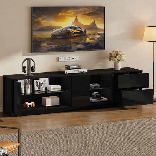 Meuble TV 160 Cm, Brillante, Avec 1 Porte En Verre, 2 Tiroirs, 1 Étagère En Verre, Avec LED, Noir