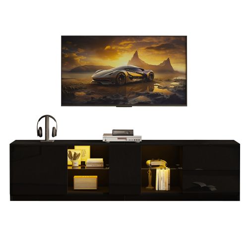 Meuble TV 160 Cm, Brillante, Avec 1 Porte En Verre, 2 Tiroirs, 1 Étagère En Verre, Avec LED, Noir