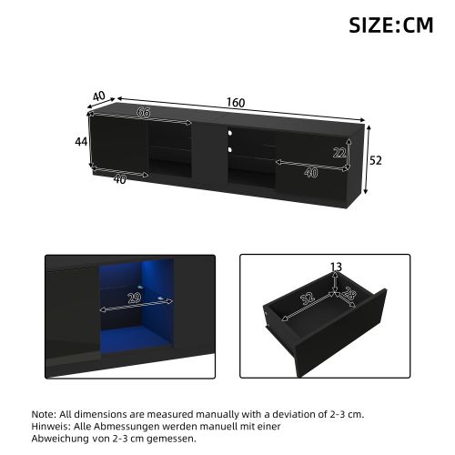 Meuble TV 160 Cm, Brillante, Avec 1 Porte En Verre, 2 Tiroirs, 1 Étagère En Verre, Avec LED, Noir