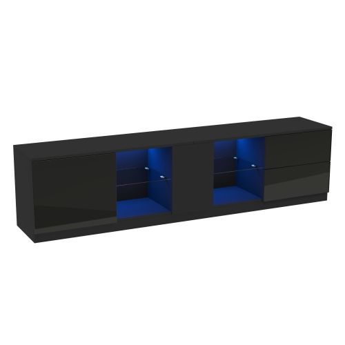 Meuble TV 160 Cm, Brillante, Avec 1 Porte En Verre, 2 Tiroirs, 1 Étagère En Verre, Avec LED, Noir