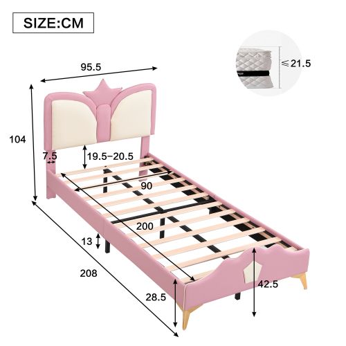 Lit Enfant 90x200 Cm Avec Tête De Lit Couronne Et Lattes, En Pu, Rose Et Blanc