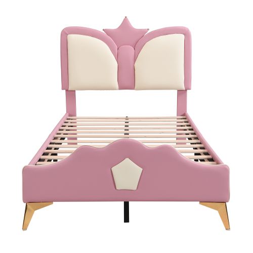 Lit Enfant 90x200 Cm Avec Tête De Lit Couronne Et Lattes, En Pu, Rose Et Blanc