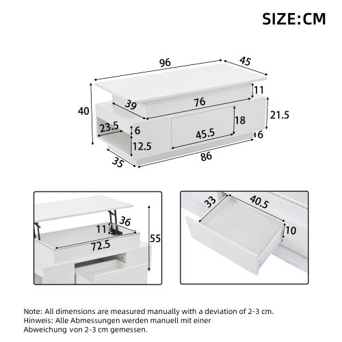 Table Basse Relevable Blanche Avec Rangement Caché, Avec 1 Tiroir Et LED