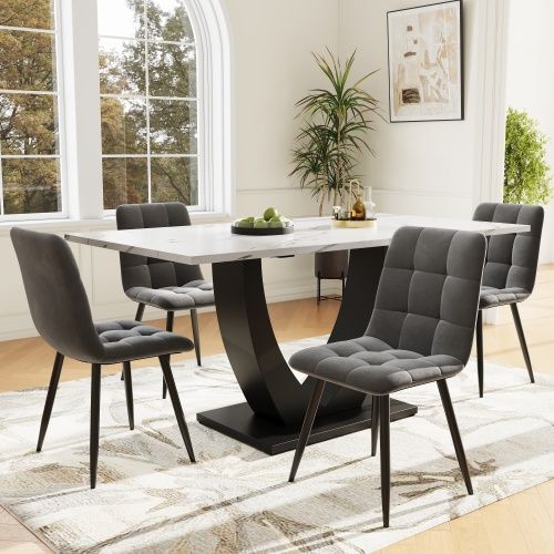 Ensemble Table Et Chaises, Table à Manger Avec Pieds Métal U Et 4 Chaises En Velours Gris
