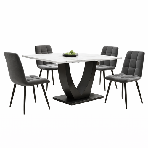 Ensemble Table Et Chaises, Table à Manger Avec Pieds Métal U Et 4 Chaises En Velours Gris