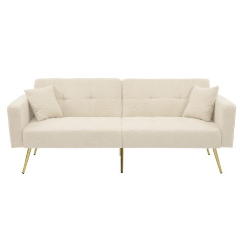 Canapé Convertible 2 Places Revêtu De Laine D'agneau Beige, Pieds Dorés Et Poches Latérales